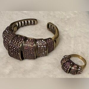 Heidi Daus purple crystal Jewelry set, hinged clamper bracelet and Ring, NEW
